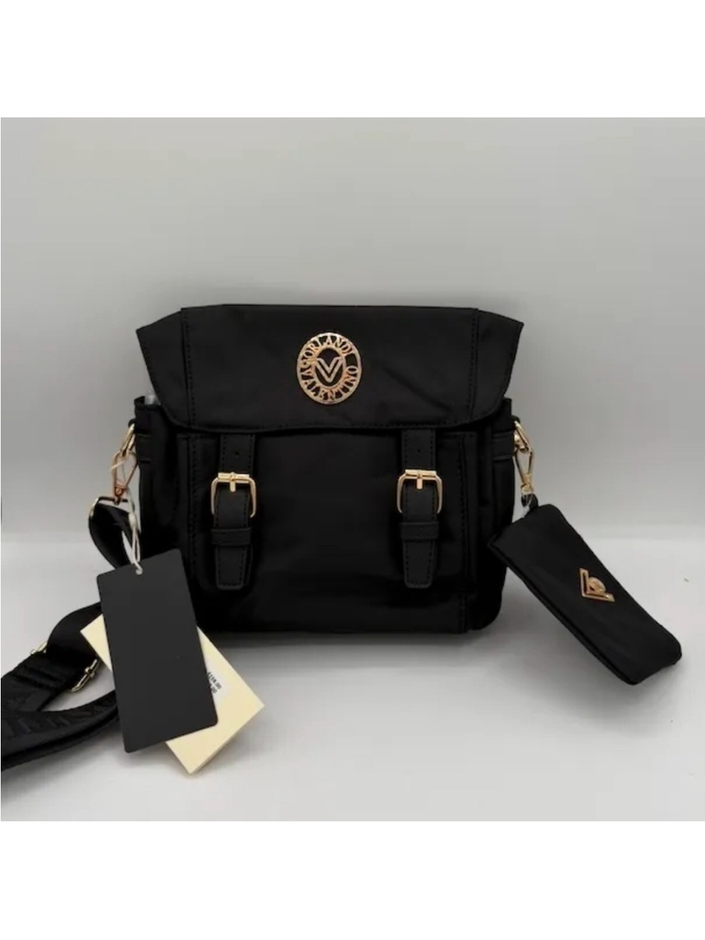 Valentino Orlandi Black Crossbody Bag with Gold Accents and Detachable Pouch